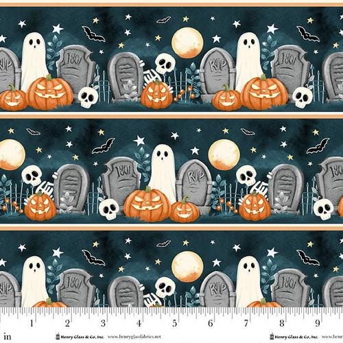Ghosts in the Graveyard Novelty Graveyard Stripe Glow by Shelly Comiskey for Henry Glass - Q2022G-39