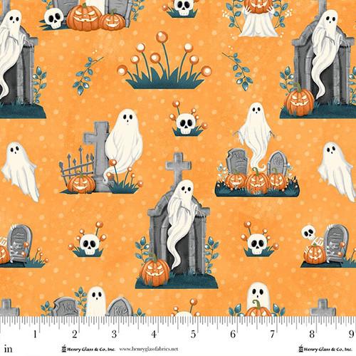 Ghosts in the Graveyard Allover Ghosts, Pumpkins and Skulls Glow