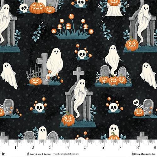 Ghosts in the Graveyard Allover Ghosts, Pumpkins and Skulls Glow