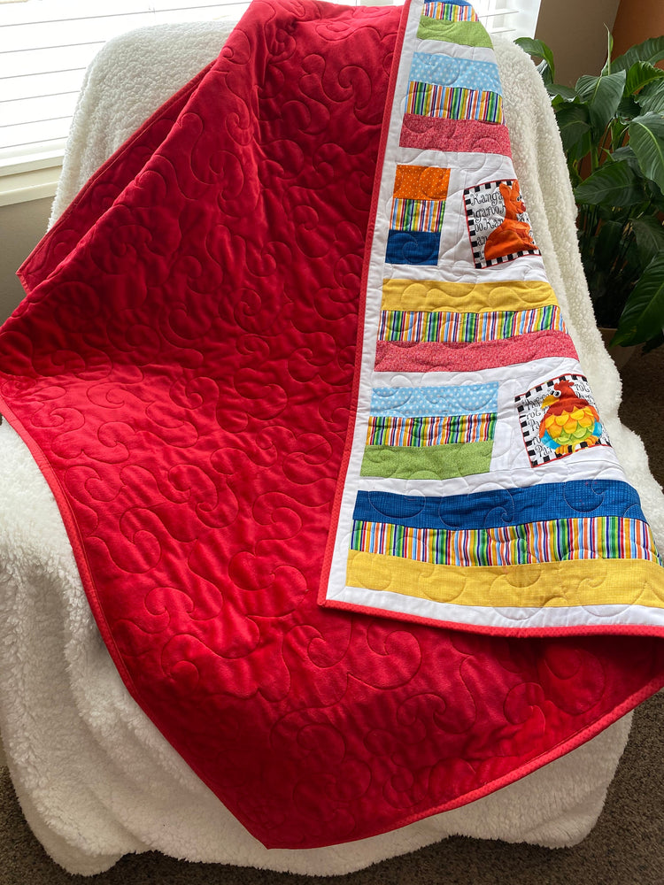 Wonky Strip Quilt for a boy or girl with a plush red minky back