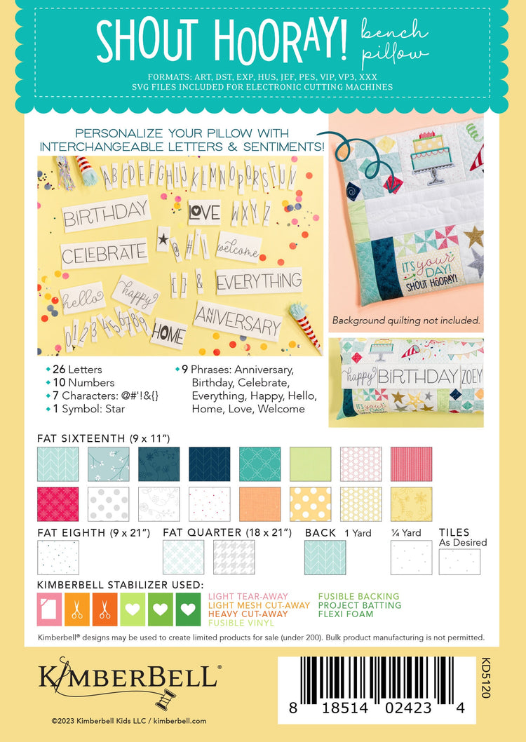 PRE-ORDER: Shout Hooray! Bench Pillow Embellishment Kit by Kimberbell Designs - KDKB1275