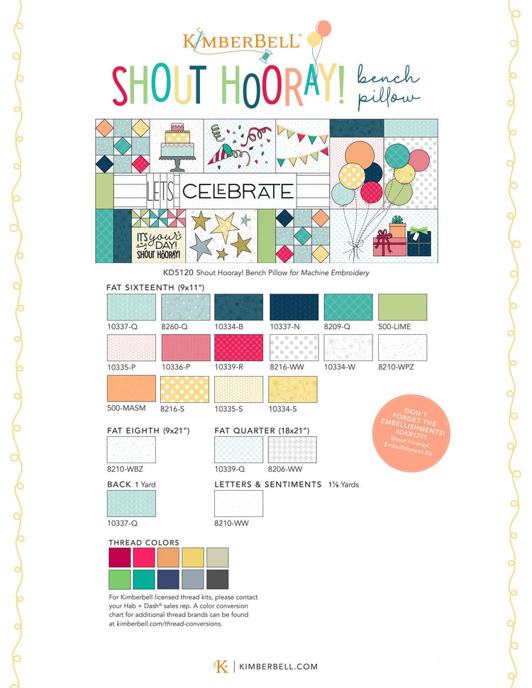PRE-ORDER: Shout Hooray! Bench Pillow Embellishment Kit by Kimberbell Designs - KDKB1275