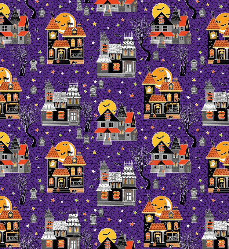 Glow-O-Ween Haunted Houses Purple by Kanvas Studio for Benartex - 12958G-66