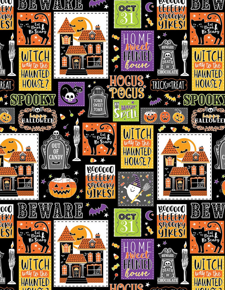 Glow-O-Ween Haunted Patchwork Multi by Kanvas Studio for Benartex - 12961G-99