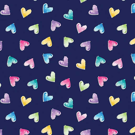 Fairytale Dreams Bejeweled Hearts Navy by Canvas Studio for Benartex - 14526-58