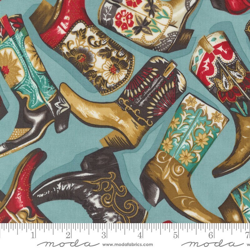 Saddle Ranch Boot Scootin Cowboy Boots Pond by Moda Fabrics - 33791 17