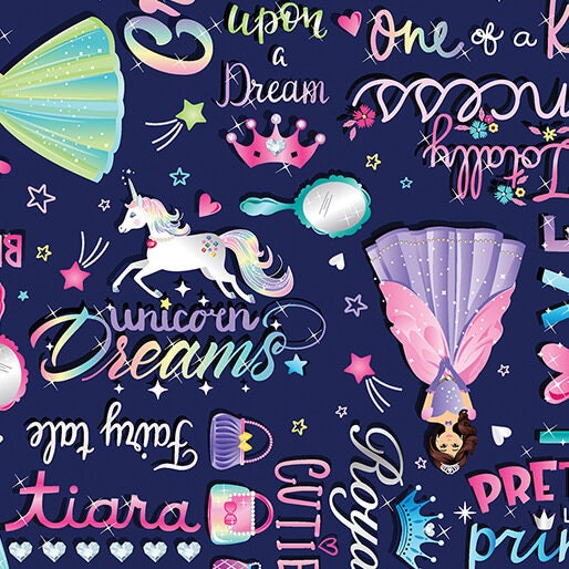 Fairytale Dreams Words Navy by Canvas Studio for Benartex - 14530-58