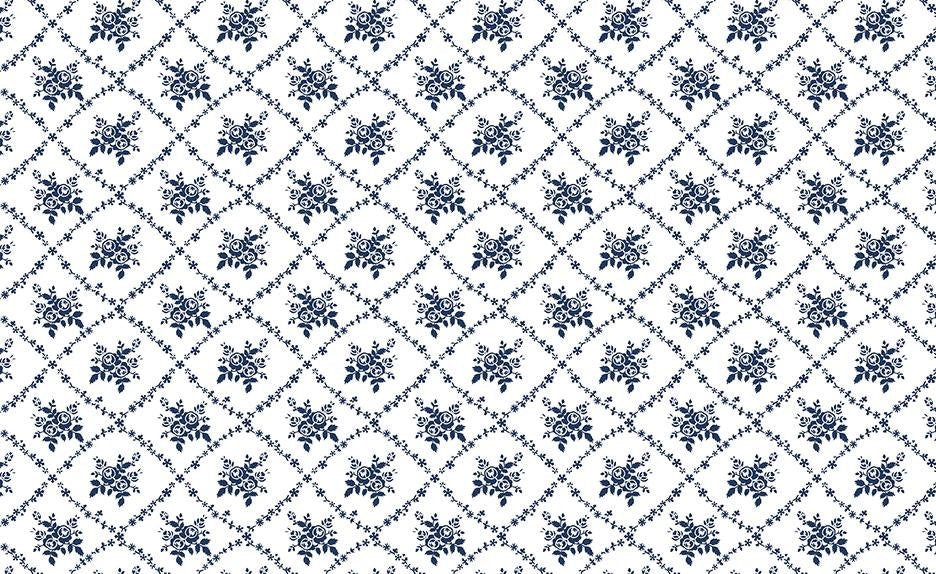 Classic Keepsakes In Blue Rose Trellis White/Navy by Kanvas Studio for Benartex Fabrics - 14648-50