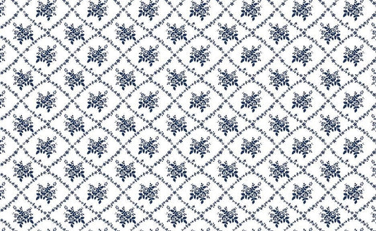 Classic Keepsakes In Blue Rose Trellis White/Navy by Kanvas Studio for Benartex Fabrics - 14648-50