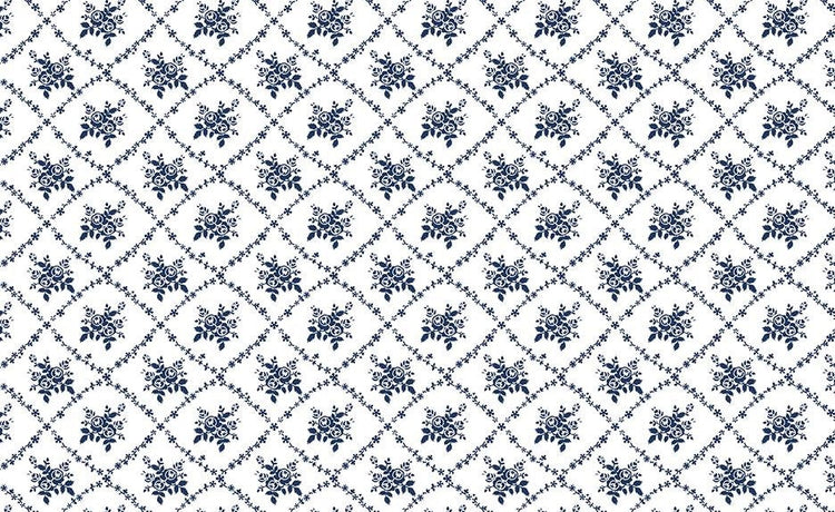 Classic Keepsakes In Blue Rose Trellis White/Navy by Kanvas Studio for Benartex Fabrics - 14648-50