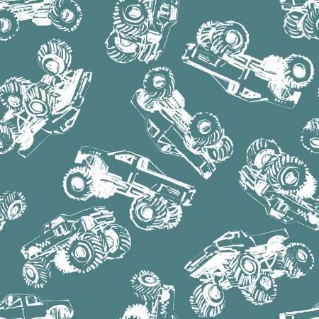 Mash The Throttle Monster Truck Outline Turquoise by Duncan MacDougal for 3 Wishes Fabric - 22989-TRQ