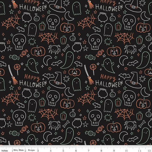 Frank and Friends Halloween Icons Black Glow in the Dark by My Mind's Eye for Riley Blake Designs - GC17476-BLACK