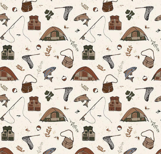 Flannel Let's Wander Gone Fishing Cream by Casey Cometti for Riley Blake Designs - F17504-CREAM