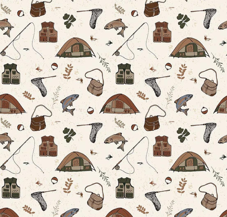 Flannel Let's Wander Gone Fishing Cream by Casey Cometti for Riley Blake Designs - F17504-CREAM