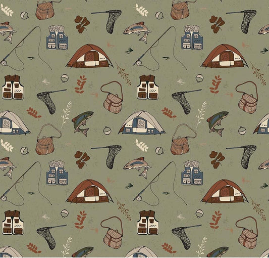 Flannel Let's Wander Gone Fishing Sage by Casey Cometti for Riley Blake Designs - F17504-SAGE