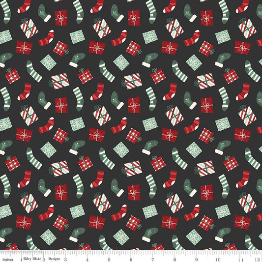 Evergreen Wishes Stockings & Gifts Black by Traci Reed for Riley Blake Designs - C17812-BLACK