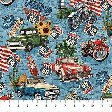 Historic Route 66 Toss Blue Multi by Deborah Edwards and Melanie Samra for Northcott Fabrics - DP29241-42
