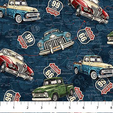 Historic Route 66 Cars and Truck Toss Navy Multi by Deborah Edwards and Melanie Samra for Northcott Fabrics - DP29242-48