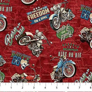 Historic Route 66 Motorcycle Toss Red Multi by Deborah Edwards and Melanie Samra for Northcott Fabrics - DP29243-24