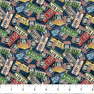 Historic Route 66 License Plates Navy Multi by Deborah Edwards and Melanie Samra for Northcott Fabrics - DP29244-48