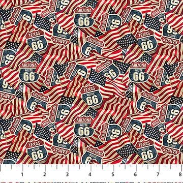 Historic Route 66 Flags & Signs Red Multi by Deborah Edwards and Melanie Samra for Northcott Fabrics - DP29246-24