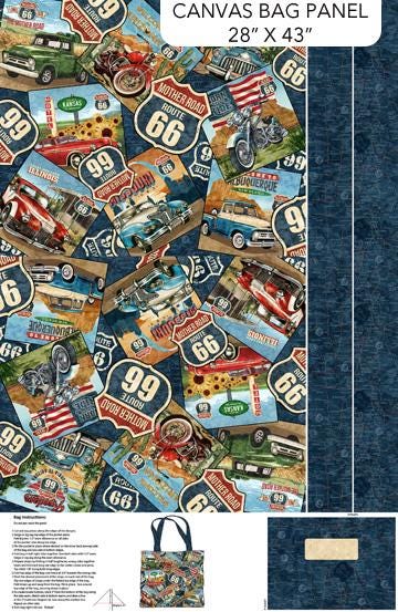 Historic Route 66 Tote Bag Canvas Bag Panel 28" x 43" by Deborah Edwards and Melanie Samra for Northcott Fabrics - C29249-48