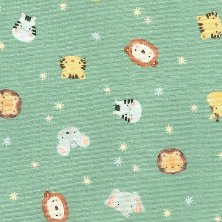 Tossed Animal Faces, Stars Eucalyptus by Studio RK Collection by Robert Kaufman Fabrics - SRKD-24064-385