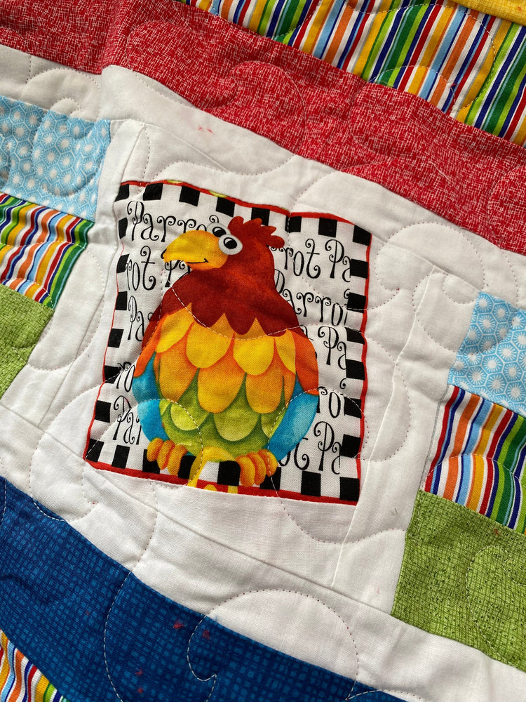 Wonky Strip Quilt for a boy or girl with a plush red minky back