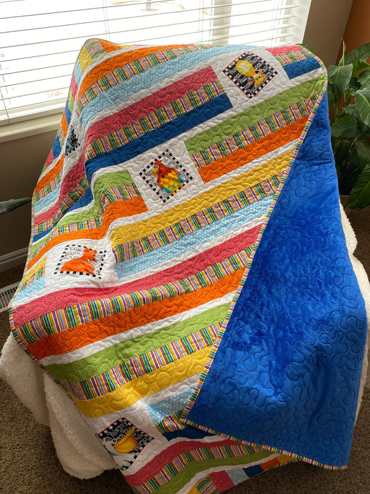 Animals Wonky Strip Quilt with Vibrant Fun Colors