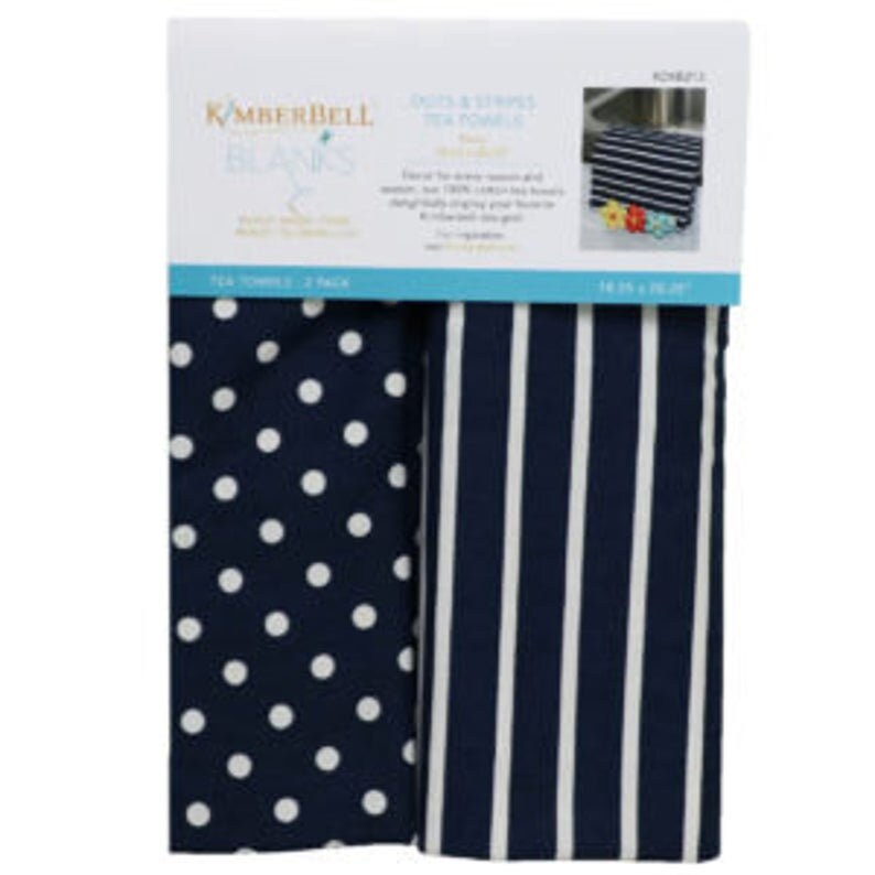 KimberBell Tea Towel 2 ct Dot & Stripe (light grey, dark grey, aqua, navy, red and yellow)