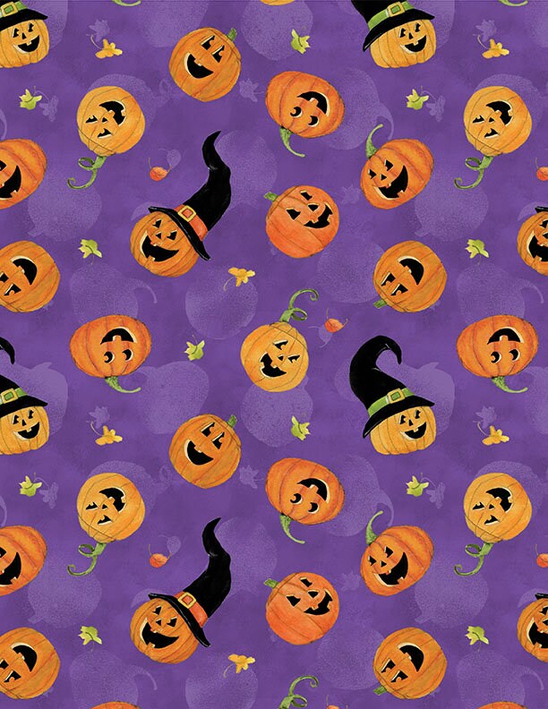 The Boo Crew Tossed Jack O Lanterns Purple by Susan Winget for Wilmington Prints - 3023 39794 687