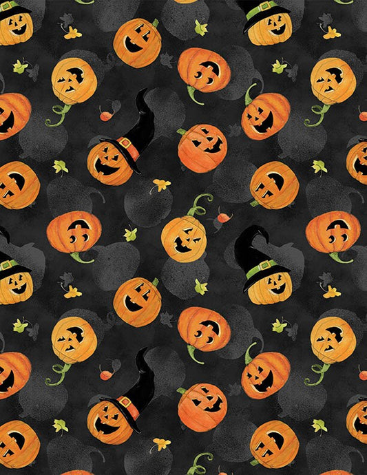 The Boo Crew Tossed Jack O Lanterns Black by Susan Winget for Wilmington Prints - 3023 39794 987