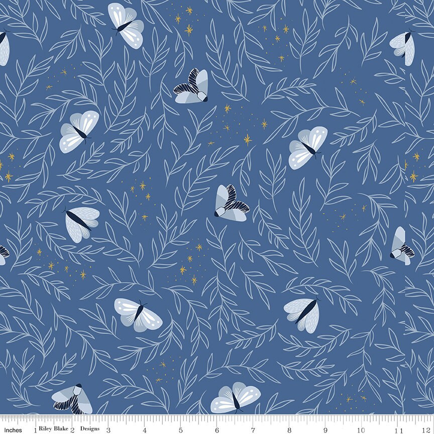 Moonchild Moths Denim Sparkle by Fran Gulick of Cotton and Joy for Riley Blake Designs - SC13821-DENIM