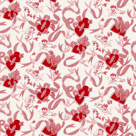 Valentine Wishes Cupid and Hearts Cream and Pink by Stacy West of Buttermilk Basin for Henry Glass & Co - 1021-28