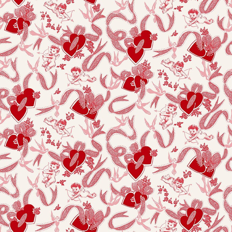 Valentine Wishes Cupid and Hearts Cream and Pink by Stacy West of Buttermilk Basin for Henry Glass & Co - 1021-28